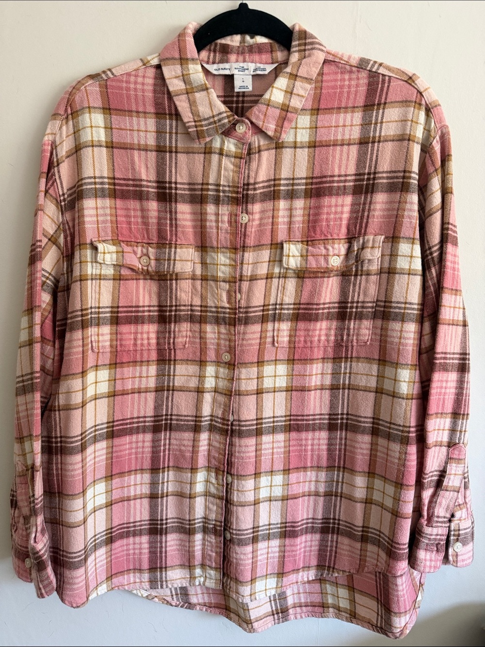 Old Navy Pink, Brown & Cream Flannel Plaid Button-Down Shirt